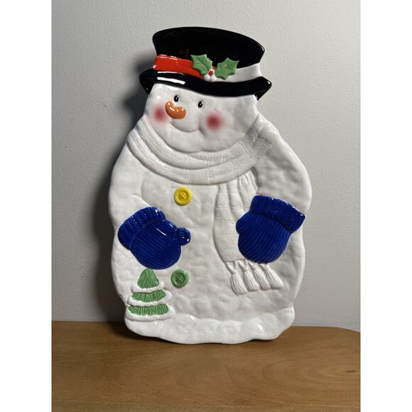 Other - Vintage Holiday Snowman Ceramic Platter - 15 X 10 inches Nostalgic Christmas